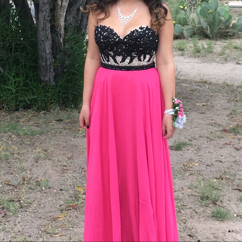 black/pink/nude floor length prom dress